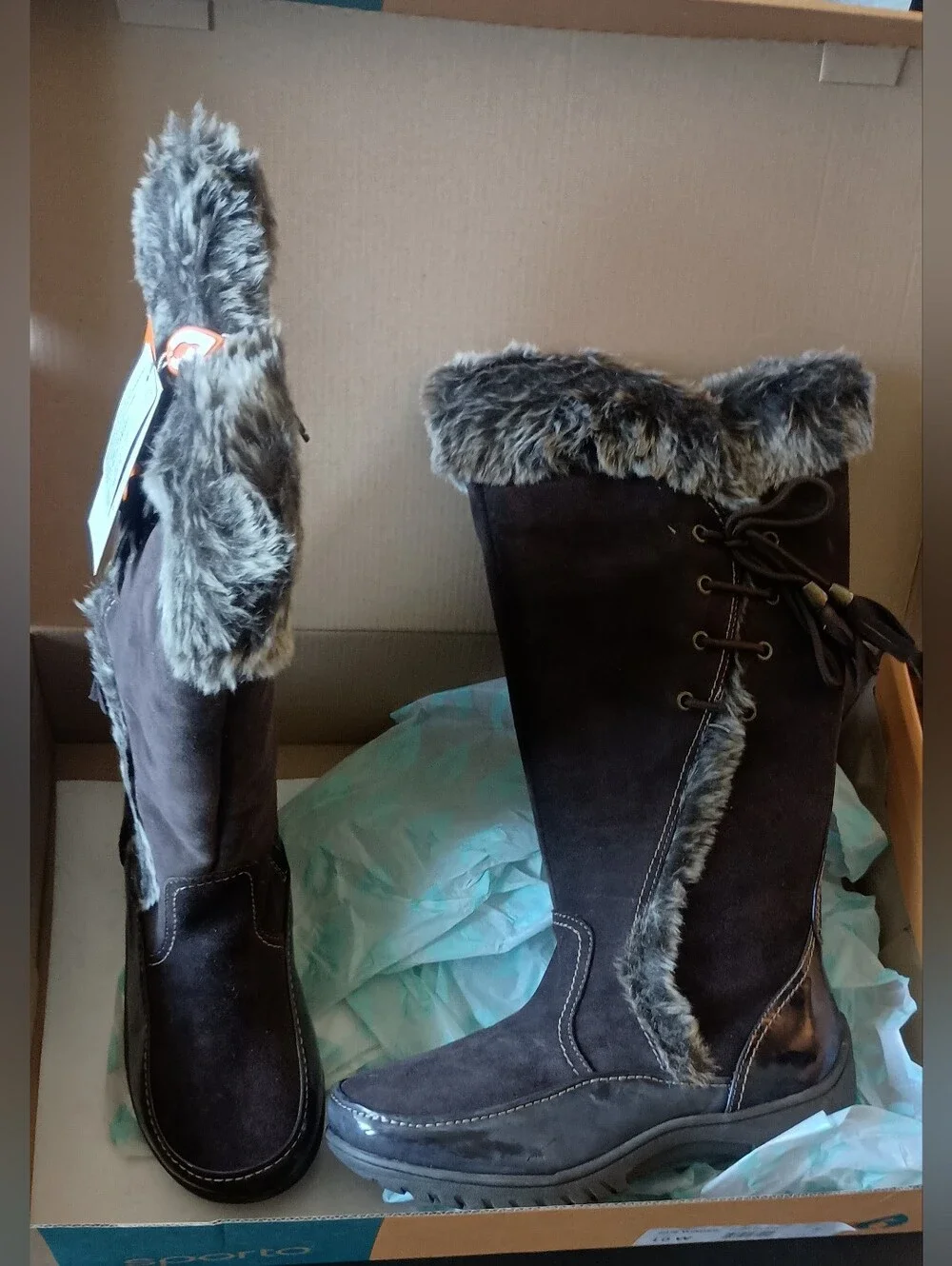Sporto Brown Faux Suede Tall Winter Boots with Faux Fur Cuff
